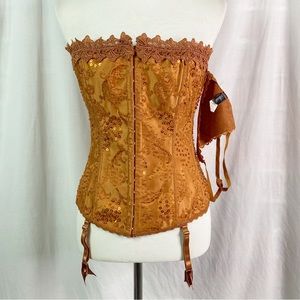 Vintage Fredericks of Hollywood Rustic Brown Corset Beaded Matching G String 38